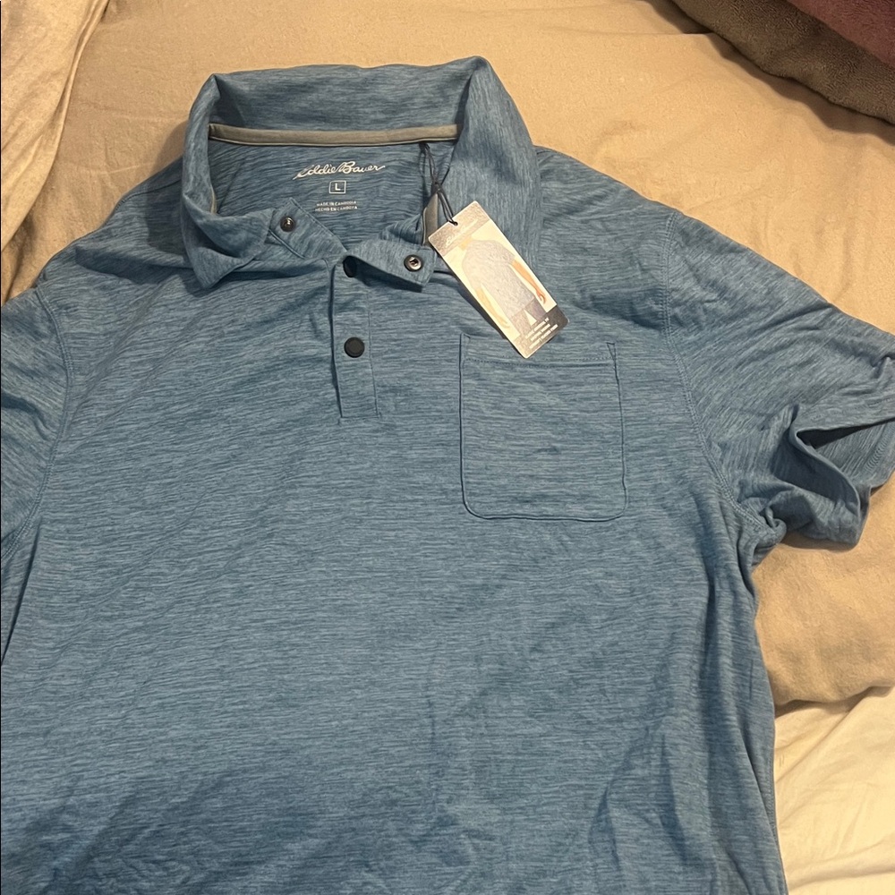 Eddie Bauer Heather Blue Short-Sleeve Polo with Chest Pocket